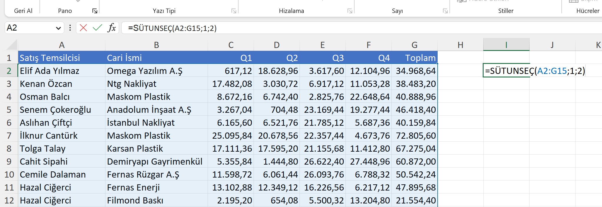 Excel Formülleri- SÜTUNSEÇ Formülü Kullanımı