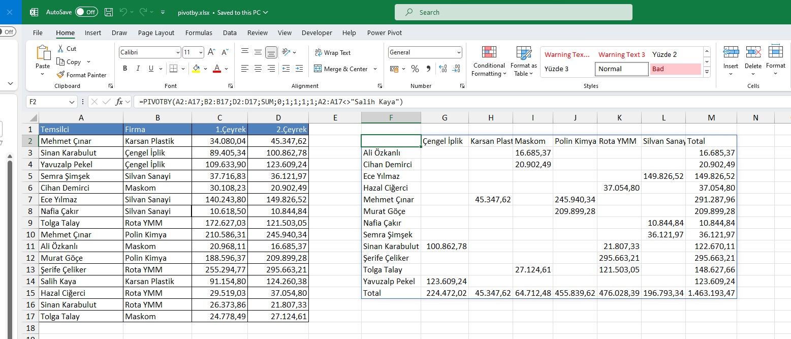Excel PIVOTBY Formülü ve İngilizce Excel 365 Eğitim Seti