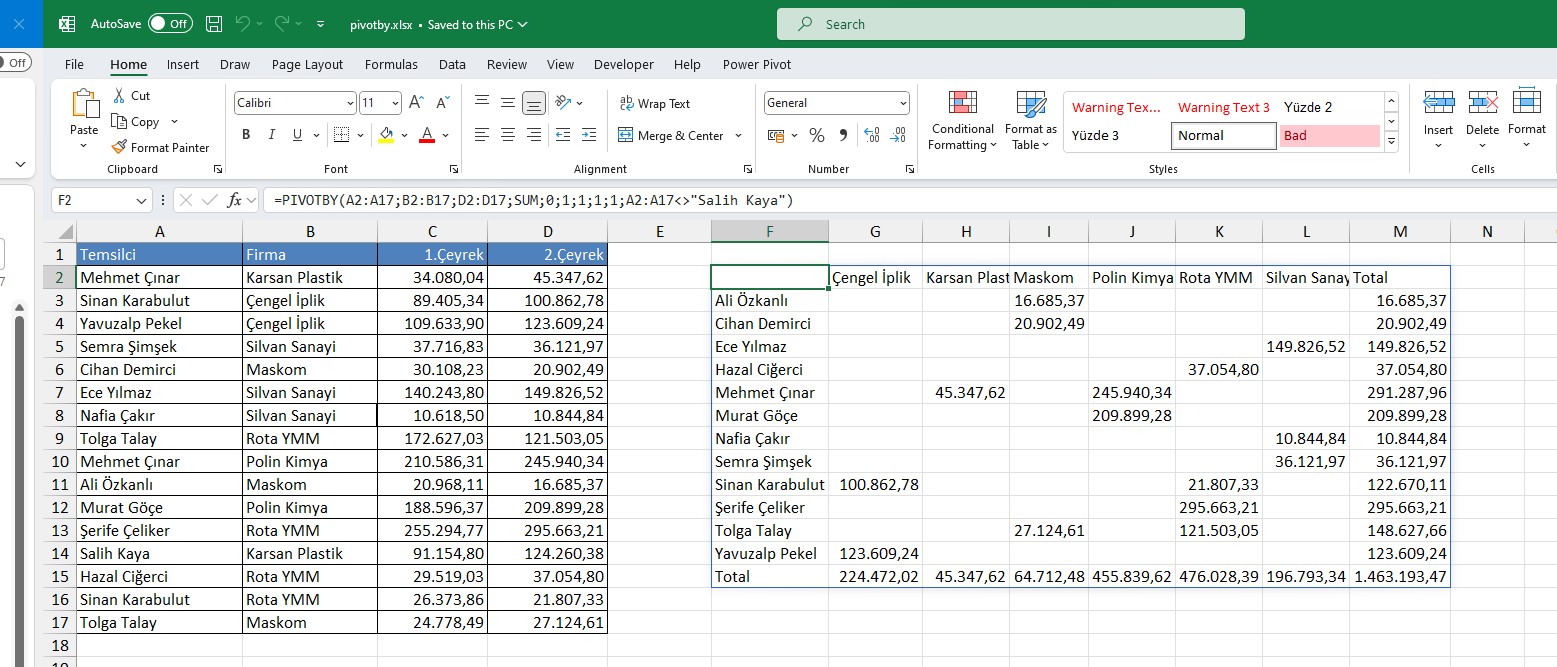 Excel PIVOTBY Formülü ve İngilizce Excel 365 Eğitim Seti - Blog - Vidoport