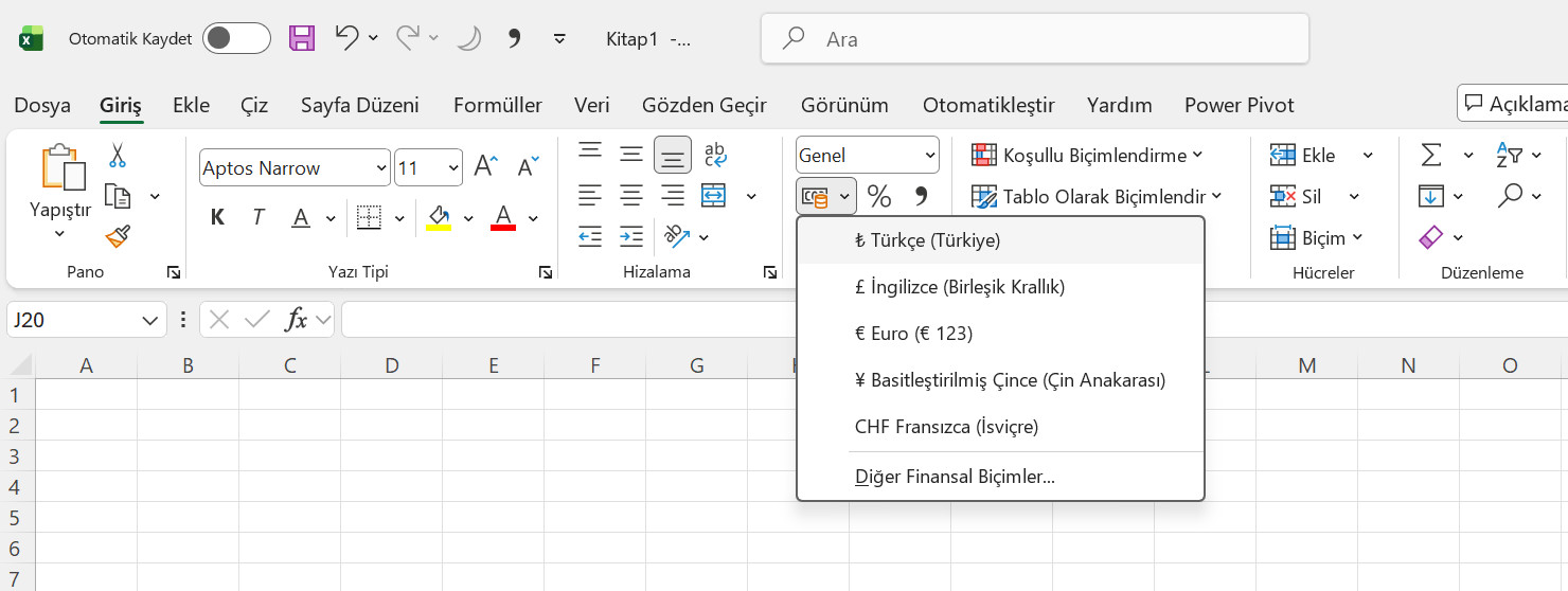 Excel'de Hesap Biçimi Menüsünde Dolar Neden Yok?