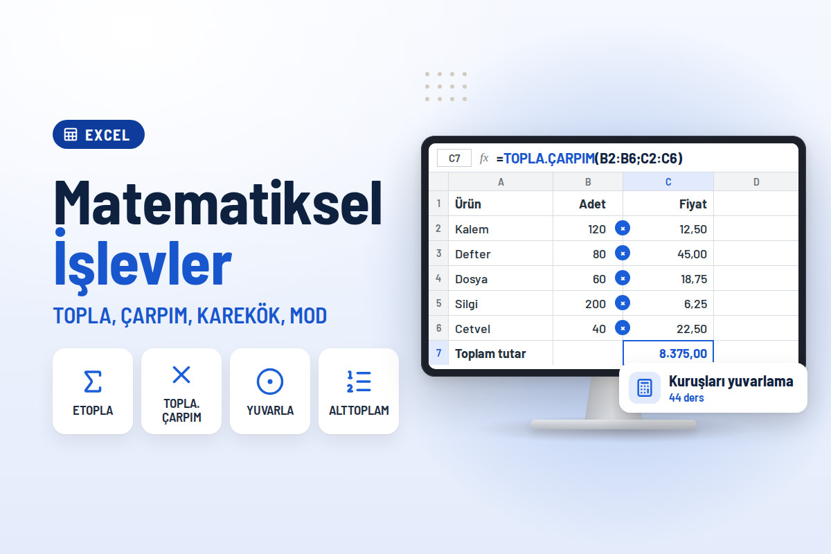 Excel Matematiksel İşlevler – TOPLA, ÇARPIM, KAREKÖK, MOD